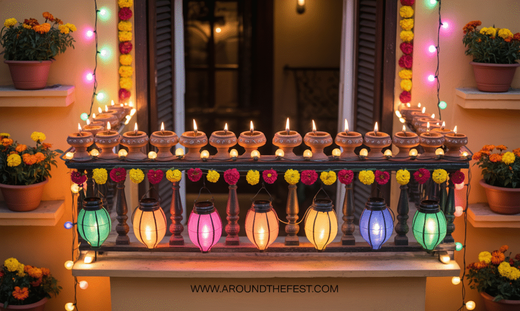 Ultra-realistic illustration of eco-friendly with glowing clay diyas, solar-powered lanterns, and colorful LED string lights, highlighting sustainable and smoke-free celebrations."