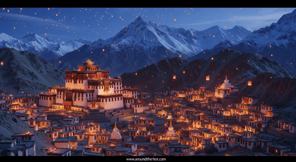 Himalayan monasteries, bonfires, floating lanterns, and snow-capped mountains under a clear night sky, peaceful and magical, no humans present."