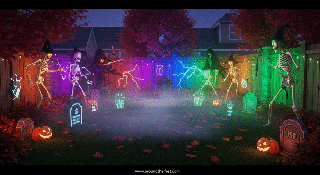 yard with projection animations, motion-triggered props, color-changing LED lights, fog effects, and glow-in-the-dark tombstones for an immersive outdoor setup.”
