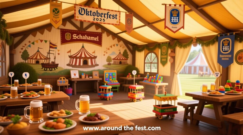 tent interior with traditional Bavarian tables, steins, historical murals, etiquette props, family-friendly games, mini parade floats, kid-friendly menus, and artisan displays, photorealistic and festive.”