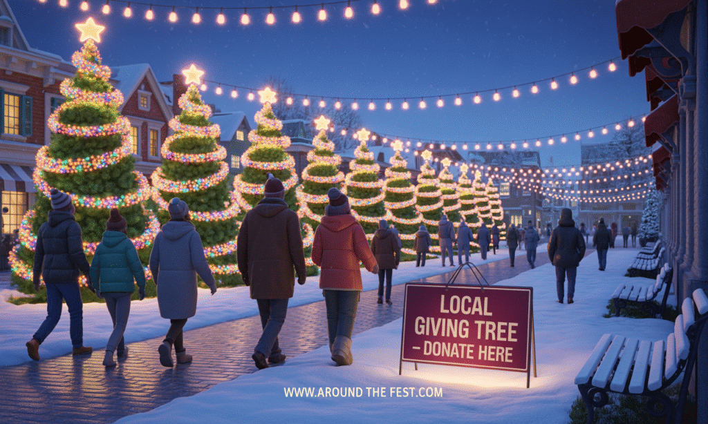 A charming outdoor town square at dusk during the holidays, featuring a row of brightly lit Christmas trees decorated by local families and organizations. Snow falls gently as neighbors stroll through the display. One tree includes a “Local Giving Tree – Donate Here” sign. Surrounding the scene are hot cocoa stands, glowing string lights, and festive music, creating a warm, small-town atmosphere of community, generosity, and holiday magic in action. 