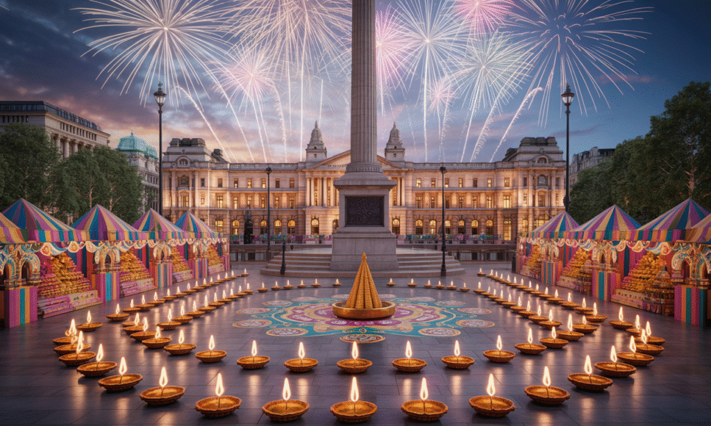 Trafalgar Square with diyas, rangoli, fireworks, Indian-themed decorations and street markets, festive and vibrant atmosphere, no humans present."
