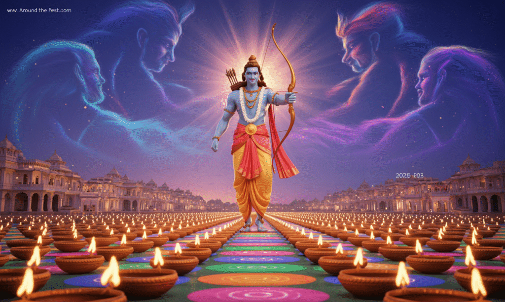 illustration of Lord Rama in Ayodhya, surrounded by glowing diyas and rangoli, symbolizing victory over Ravana, triumph of righteousness, and spiritual awakening."