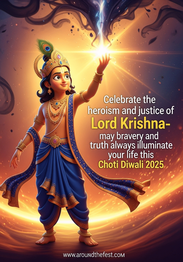 "Artistic depiction of Lord Krishna triumphing over Narakasura, symbolizing bravery, justice, and the victory of good over evil for Choti Diwali 2025."