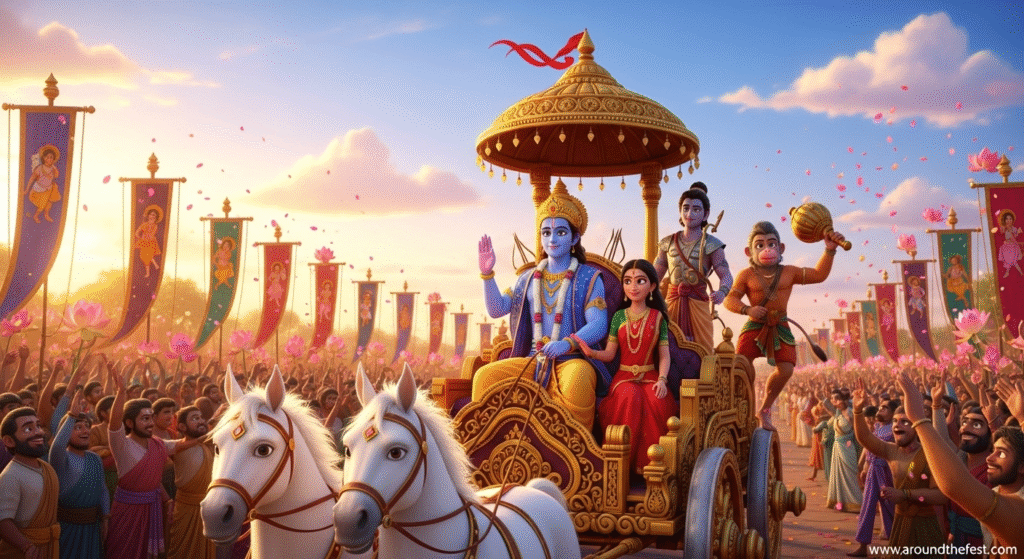 Ultra-realistic illustration of Lord Rama returning to Ayodhya, with streets lit by hundreds of diyas, traditional decorations, and fireworks, symbolizing light overcoming darkness."