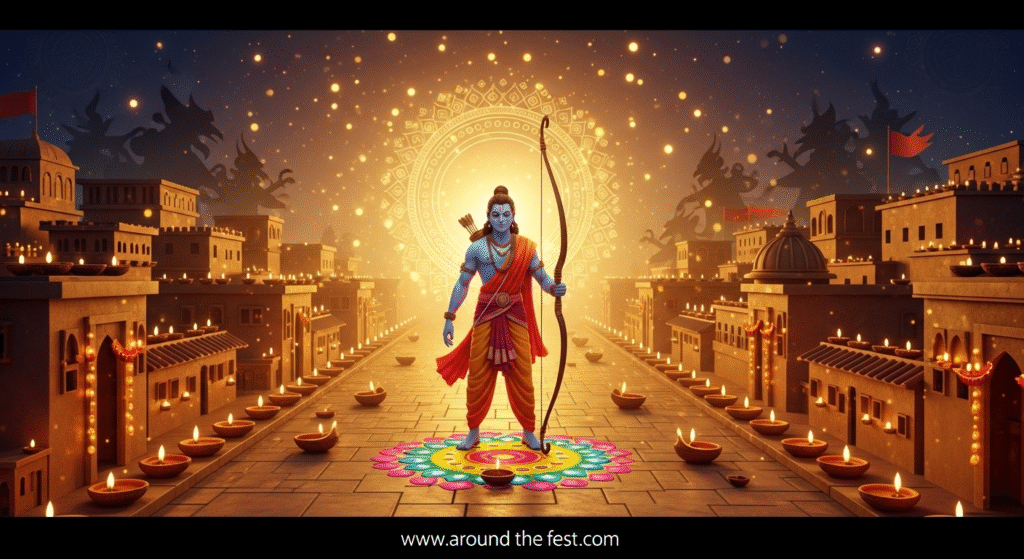 illustration of Lord Rama in Ayodhya, surrounded by glowing diyas and rangoli, symbolizing victory over Ravana, triumph of righteousness, and spiritual awakening."