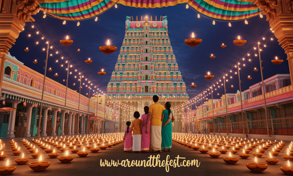 Meenakshi Temple with clay lamps, rangoli, fireworks, cultural performances, and families celebrating Tamil Nadu’s rich traditions."