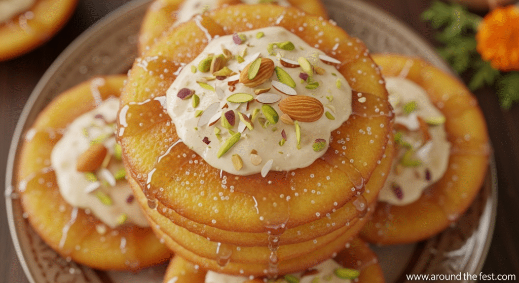 “Golden Malpuas, traditional Indian pancakes soaked in sugar syrup, served with creamy rabri and garnished with chopped pistachios and almonds, styled for a festive Indian dessert spread on a rustic plate.”