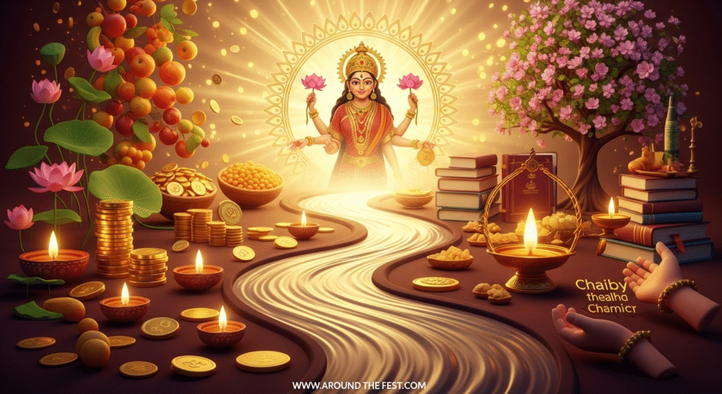“Divine artwork showing Lakshmi’s aura radiating balance between material wealth—lotus, coins, fruits—and spiritual wealth—wisdom, health, and generosity, symbolizing the true meaning of Diwali prosperity.”