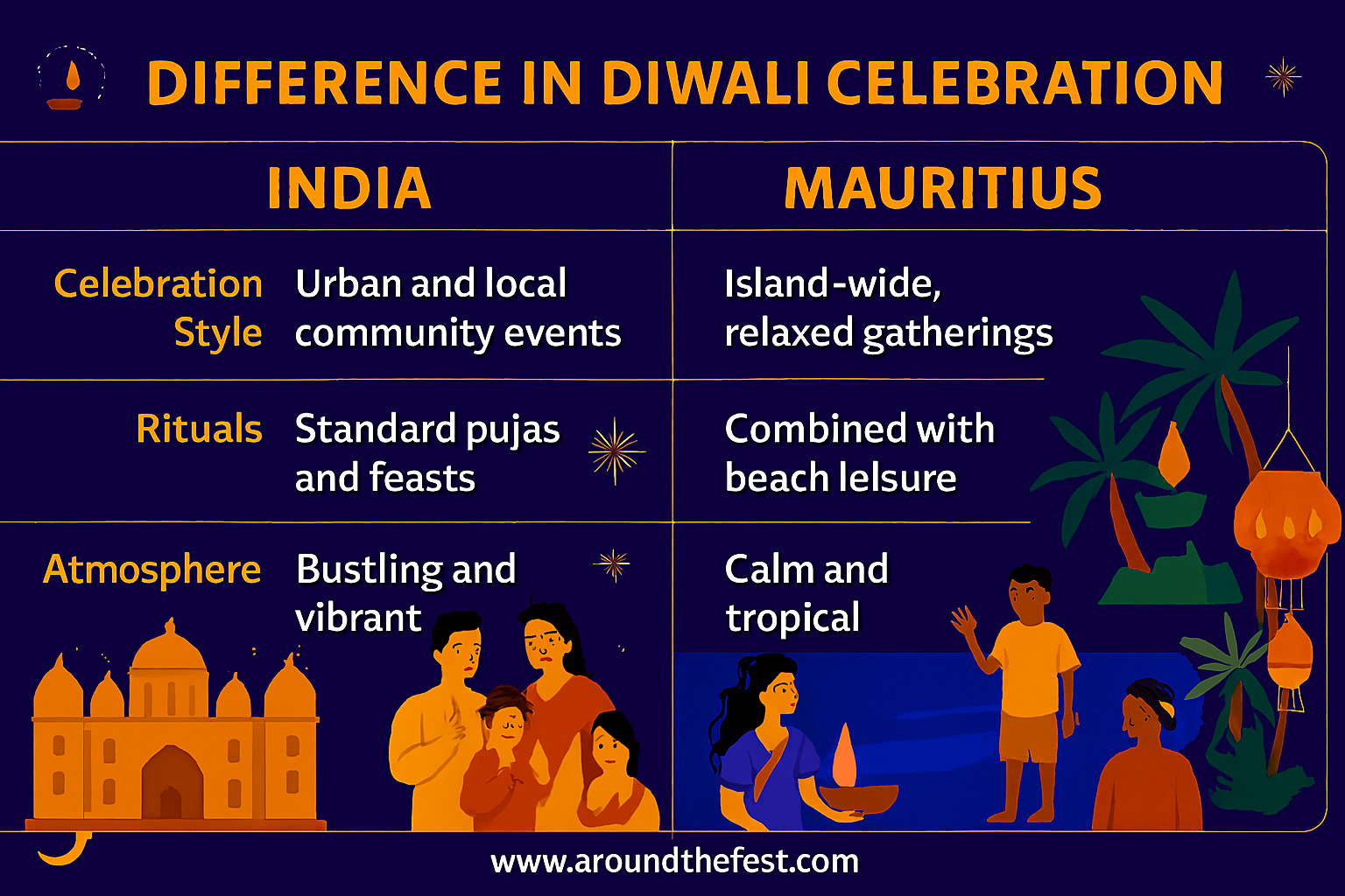 Diwali infographic comparing India and Mauritius—celebration style, rituals, and atmosphere with vibrant urban and tropical beach visuals.