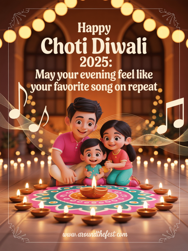 evening with glowing diyas, fairy lights, and colorful rangoli, warm golden glow, and abstract music wave background 