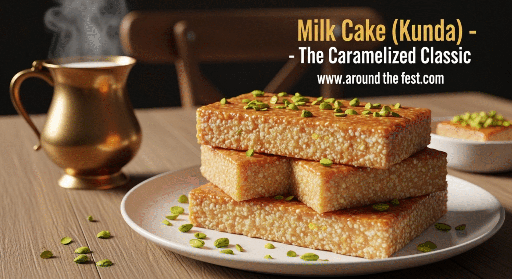 Freshly cut Milk Cake (Kunda) on a wooden cutting board, showing caramelized edges and fudge-like texture, garnished with pistachios. Traditional Indian milk sweet prepared at home, perfect for festive celebrations."