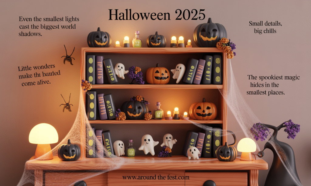 Cozy indoor Halloween 2025 décor with mini LED lights, glow-in-the-dark stickers, black pumpkins, skull soaps, potion bottles, and subtle fog
