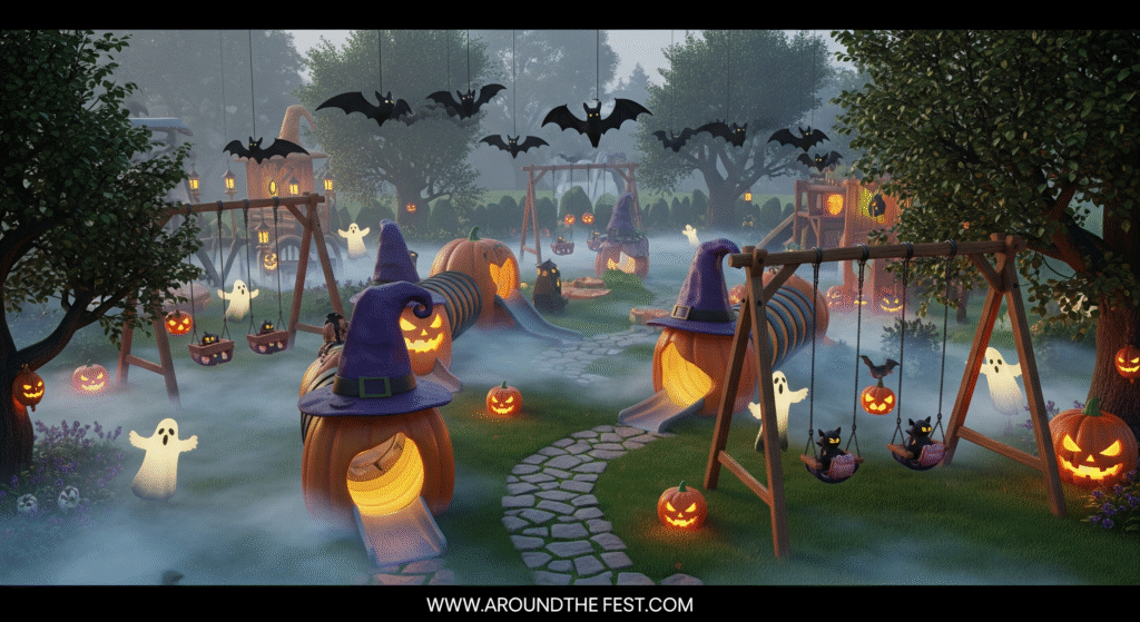  kid-friendly haunted play area with mini haunted swings, tunnels, witch hat slides, and spooky-themed decorations for safe interactive fun.”