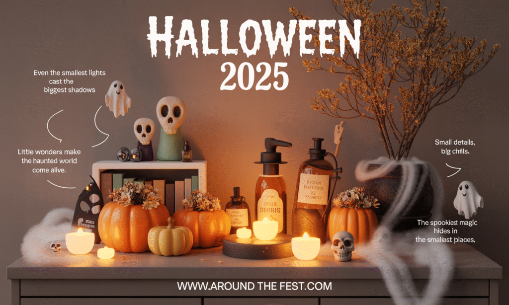 Cozy indoor Halloween 2025 décor with mini LED lights, glow-in-the-dark stickers, black pumpkins, skull soaps, potion bottles, and subtle fog