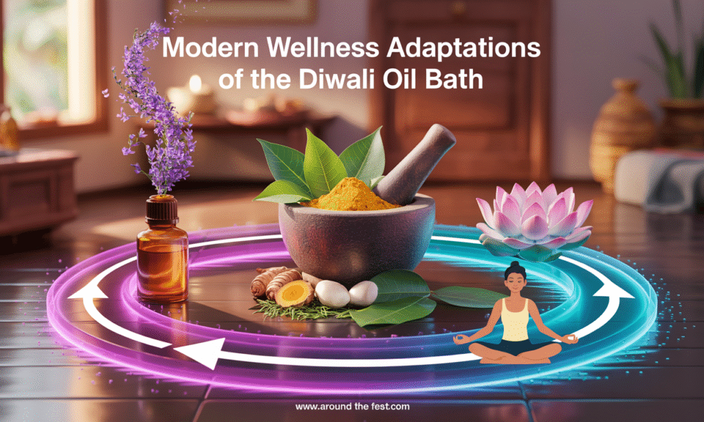 "Infographic illustrating modern wellness adaptations of the Diwali oil bath: Aromatherapy oils (lavender, jasmine, rose, frankincense, vetiver) enhance relaxation; DIY herbal blends (turmeric, neem) provide detoxification; mindful bathing focuses on sensations, breathing, and gratitude; holistic self-care includes gentle yoga or pranayama to align body and mind. Warm gold and pastel Diwali colors, diyas, marigold flowers, and incense create a serene, festive atmosphere.