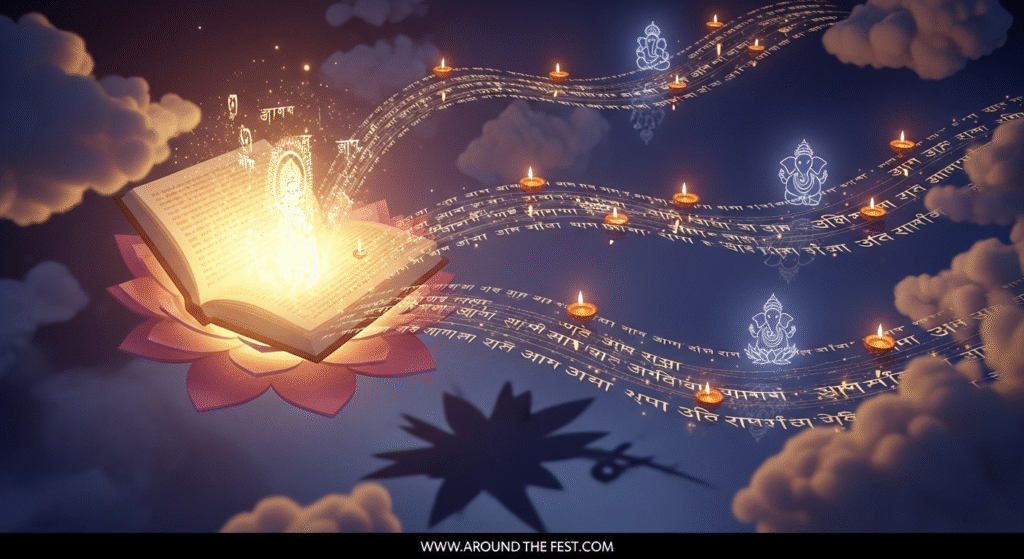 "Surreal Diwali scene with an open glowing journal shaped like a lotus, floating diyas, and streams of Sanskrit mantras and symbols of Lakshmi and Ganesh, symbolizing self-reflection, spiritual growth, and transformation."