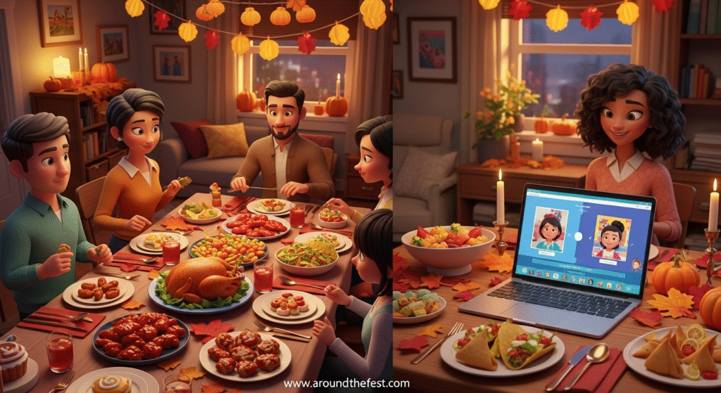 Modern Thanksgiving 2025 celebrations featuring a Friendsgiving table with diverse dishes including turkey, vegan mains, Korean BBQ wings, tacos, and samosas, a digital family reunion on a laptop, eco-friendly tableware, and autumn décor, reflecting inclusivity, gratitude, and modern holiday traditions.”