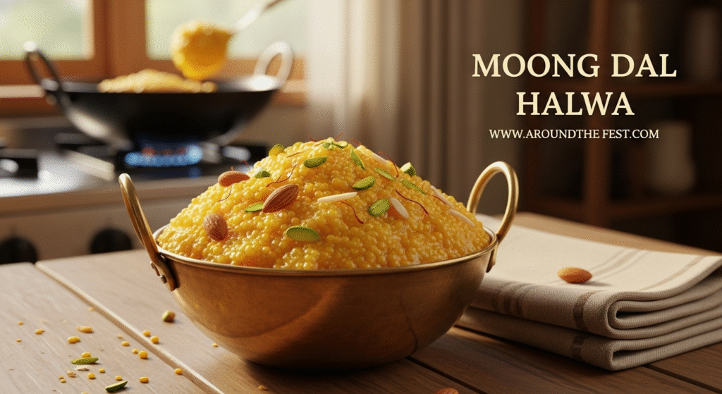 Moong Dal Halwa served in a brass bowl – rich golden Indian dessert made from mung dal, slow-cooked in ghee, sugar, and cardamom, garnished with almonds, pistachios, and saffron. Perfect for Diwali, weddings, and winter celebrations."