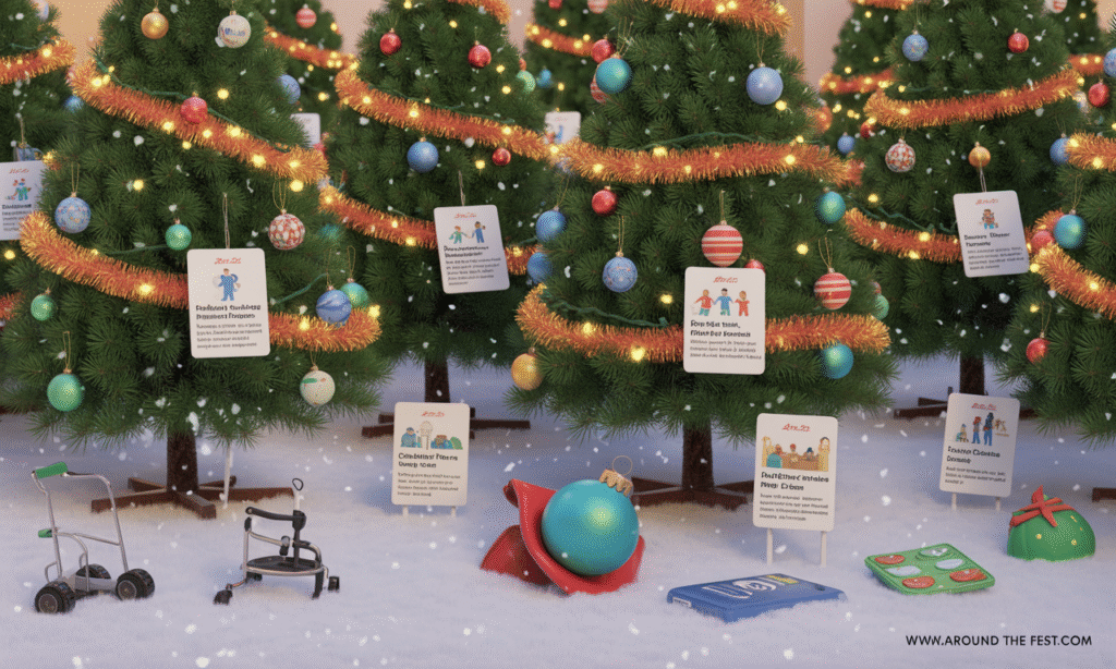 Decorated Christmas trees displayed with heartfelt signage explaining the charitable causes they support, including pediatric hospitals, hospice care foundations, food banks, and nonprofits focused on education and mental health. Each tree symbolizes community giving, healing, and holiday generosity, turning festive decor into meaningful impact.