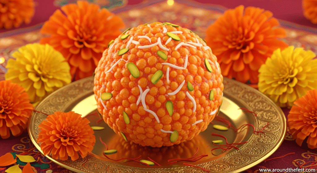 Traditional Motichoor Ladoo made from tiny boondi pearls soaked in saffron and rose water sugar syrup, garnished with pistachios, served on a brass plate with marigold flowers for Indian festivals like Diwali and weddings."