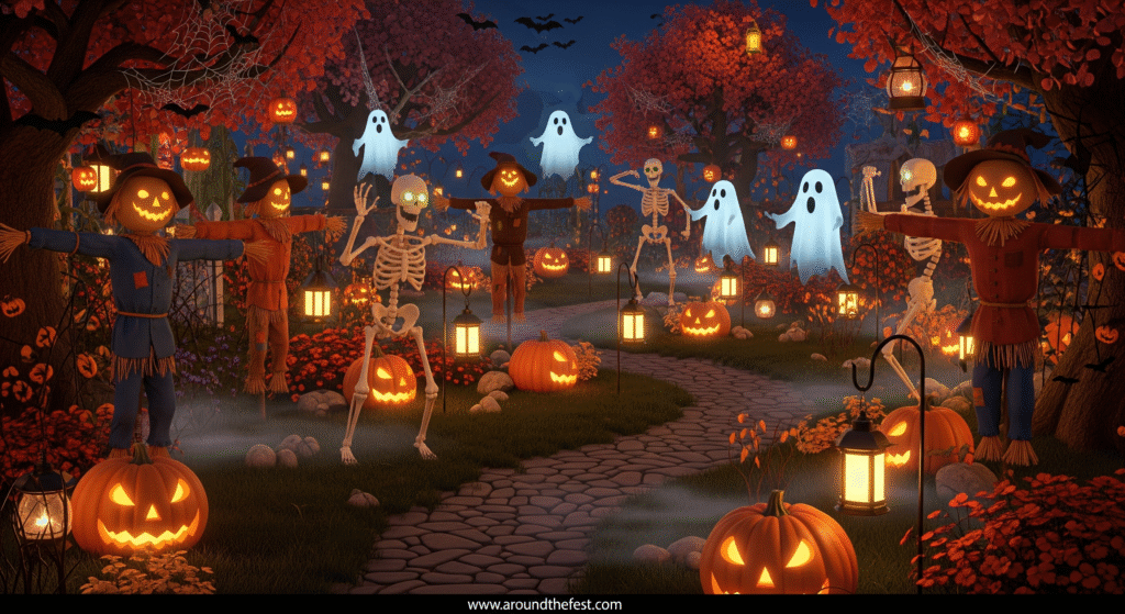 yard with motion-activated scarecrows, glowing skeletons, and floating ghosts for an interactive and immersive spooky display.”