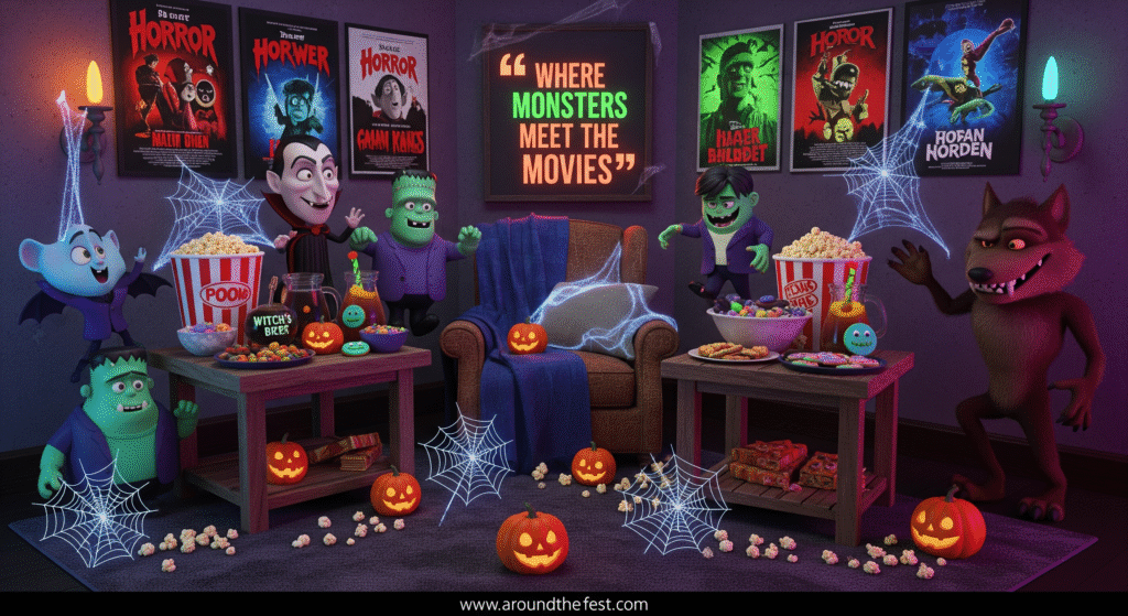 “Monster Movie Nightcorner with horror posters, animatronic figures, blacklight effects, themed snacks, and a spooky Halloween quote.”