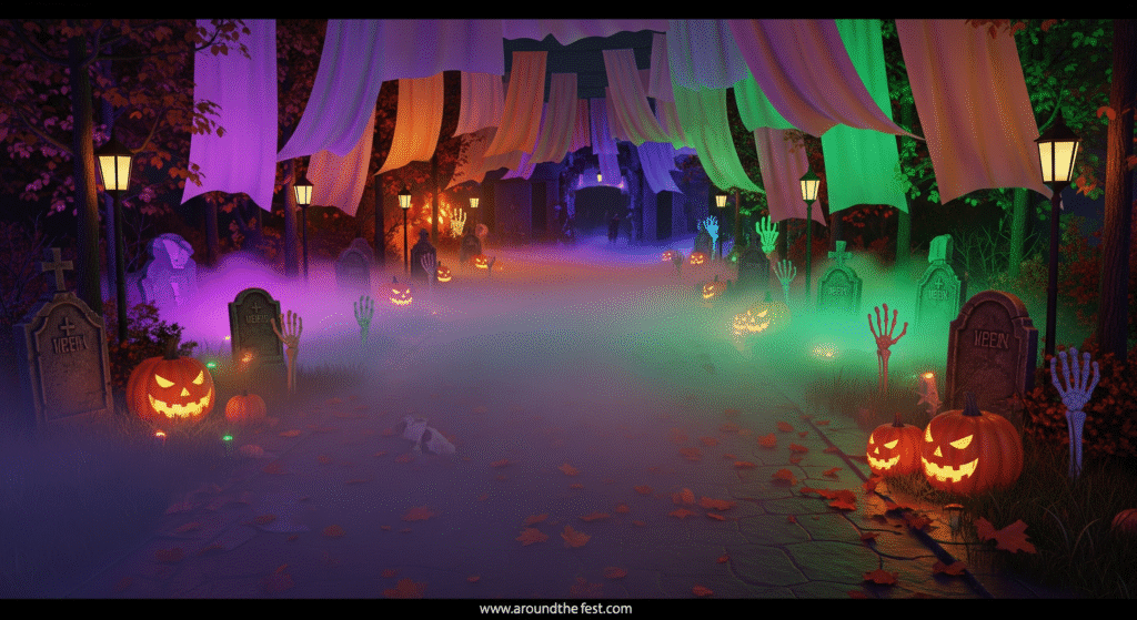 yard with fog, scented mists, motion-activated props, ambient sound effects
