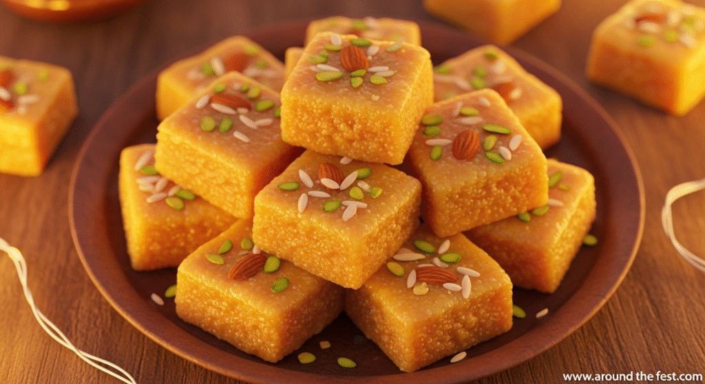 “Indulge in the royal taste of Mysore Pak – the classic South Indian sweet with a melt-in-the-mouth texture. Made from gram flour, ghee, and sugar, this decadent dessert is perfect for Diwali or any festive celebration. Garnish with nuts for an extra touch of elegance and share the joy of tradition with every bite.”