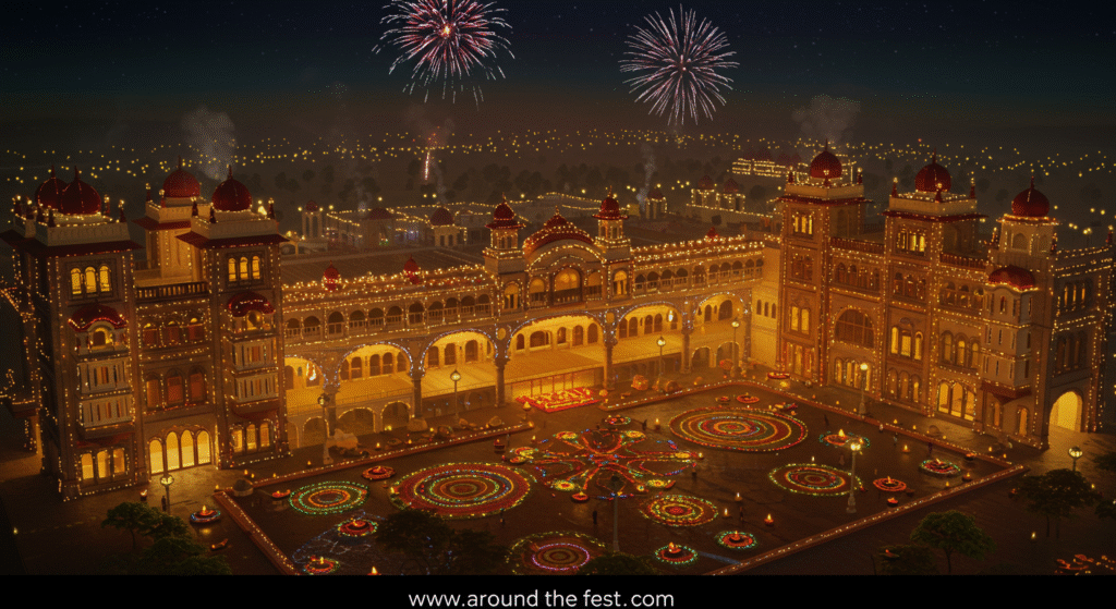 Mysore Palace illuminated by thousands of lamps, decorated courtyards, subtle fireworks, festive royal atmosphere, no humans present."