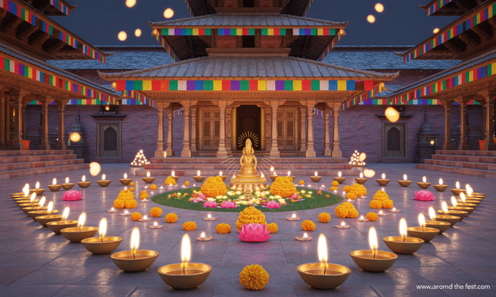 llustration of a Nepalese temple with glowing lamps and offerings to Goddess Lakshmi, symbolizing spiritual and material abundance, communal harmony, and spiritual awakening."