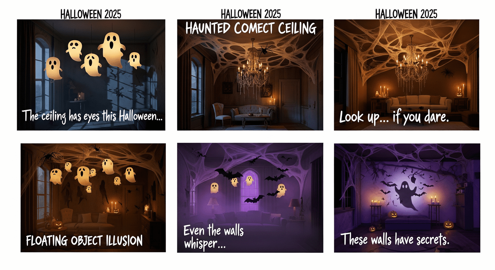Unique Halloween wall décor 2025 with ghostly shadow projections, cobwebbed ceiling, and eerie candlelit haunted room effect.”