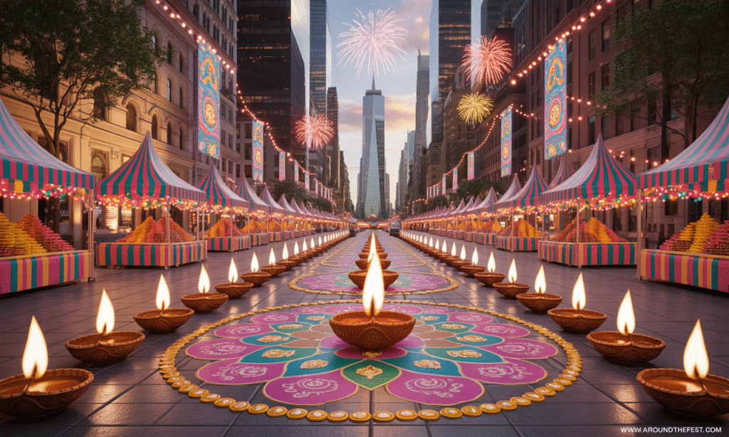Times Square and Jackson Heights streets decorated with diyas, rangoli, festival lights, pop-up stalls, and fireworks, festive atmosphere, no humans present."