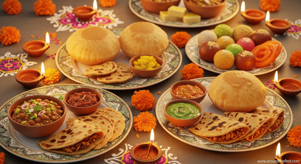 Ultra-realistic illustration of North Indian specialties including chole bhature, poori, stuffed parathas, and festive sweets, decorated with diyas, marigolds, and subtle rangoli patterns."
