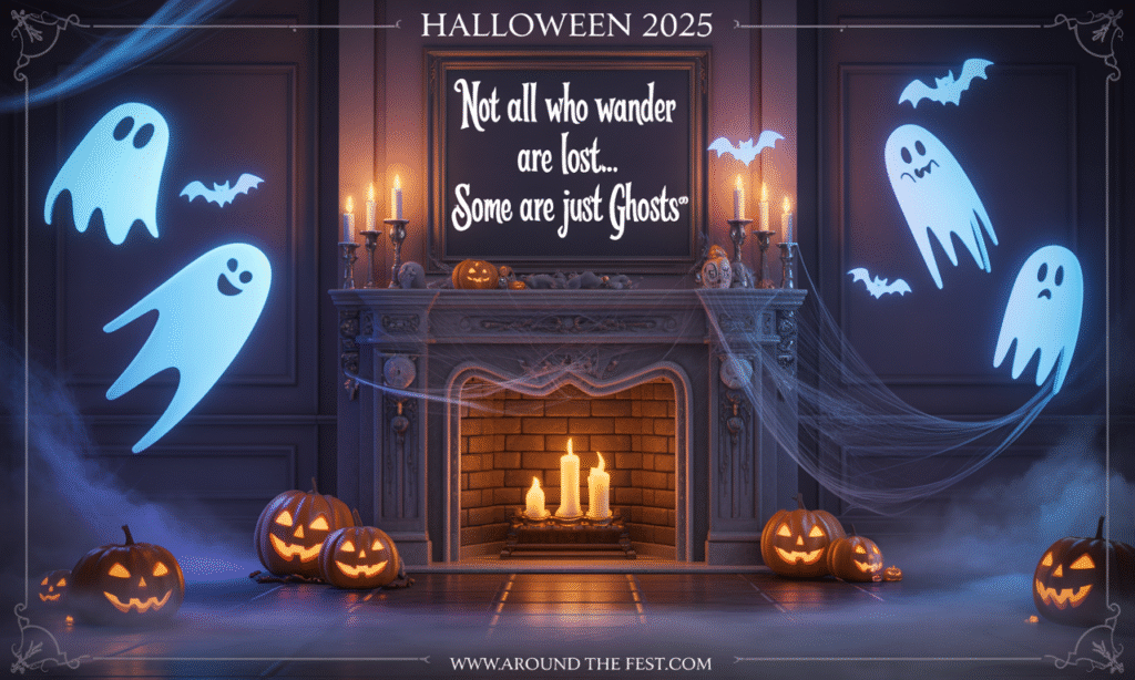 Haunted Halloween 2025 indoor scene with glowing ghost projections on walls and windows, flickering candles, floating spooky décor, fog effects, and eerie ambient lighting, perfect for photo-ready social media setup, with the quote ‘Not all who wander are lost… some are just ghosts.’”