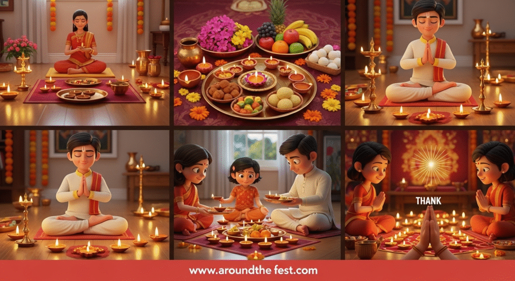 Illustration showing practical ways to deepen Lakshmi Puja during Diwali 2025, including cleansing, thoughtful offerings, chanting mantras, family involvement, and expressing gratitude."