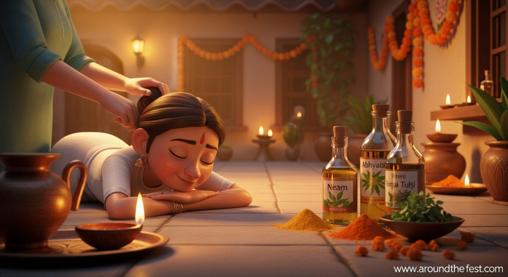Illustration showing a person receiving an Ayurvedic Diwali oil bath with herbal oils, surrounded by diyas and flowers, symbolizing purification of body, mind, and spirit."