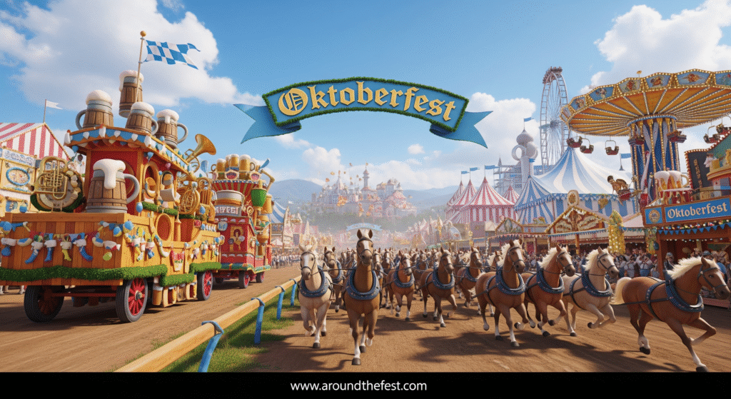 Oktoberfest evolution from 1810 Bavarian wedding celebration to modern global festival, showing tents, horse races, music, and carnival rides."