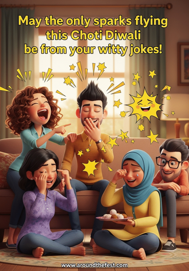 Friends exchanging jokes with comic-style festive sparks, overlay text: “May the only sparks flying be from your witty jokes!”