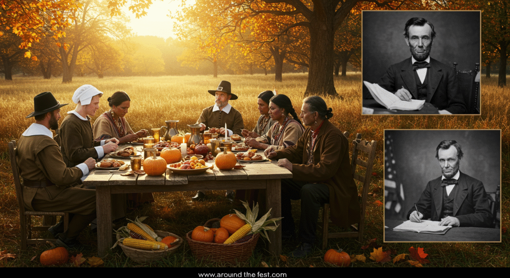"The Origins of Thanksgiving showing Pilgrims and Wampanoag people sharing a harvest feast in 1621, symbolizing unity and gratitude, with a nod to Abraham Lincoln declaring it a national holiday in 1863."