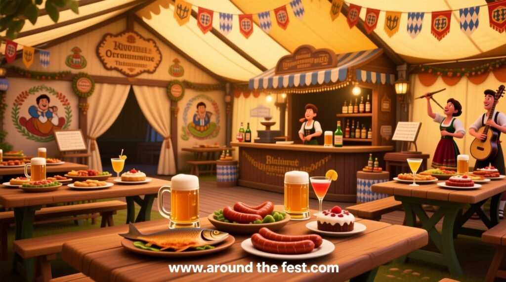 insider tent scene with artisan foods, premium sausages, roasted fish, unique desserts, hand-painted murals, banners, specialty drinks, and traditional Bavarian decorations, photorealistic and festive.”