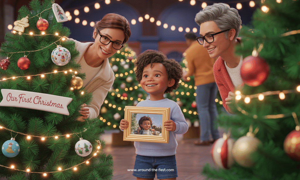 Families and friends reliving shared memories at a Festival of Trees—children posing by familiar trees, couples embracing, and friends enjoying holiday crafts and cocoa."