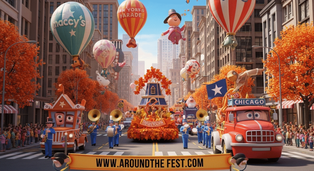 Thanksgiving Day Parades Across America in 2025 with giant balloons, floats, and marching bands.