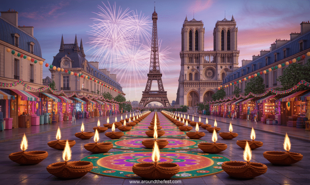 Paris Diwali 2025 with streets and cultural centers lit by diyas and festival lights, intricate rangoli, decorated market stalls, subtle fireworks, festive multicultural atmosphere, no humans present."