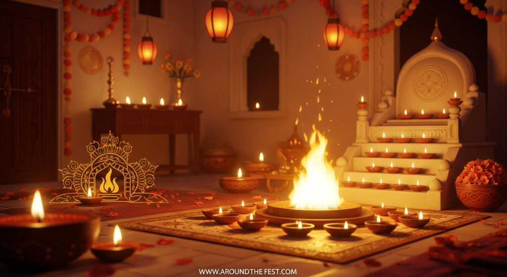 “Zoroastrian (Parsi) inspired Diwali scene with glowing diyas, lanterns, and warm firelight symbolizing purity and wisdom, blending Parsi fire rituals with Indian festive décor.”