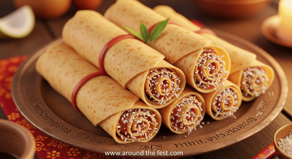 “Soft Patishapta, traditional Bengali crepes filled with grated coconut, khoya, and date palm jaggery, served on a rustic plate, styled for festive Indian dessert photography.”