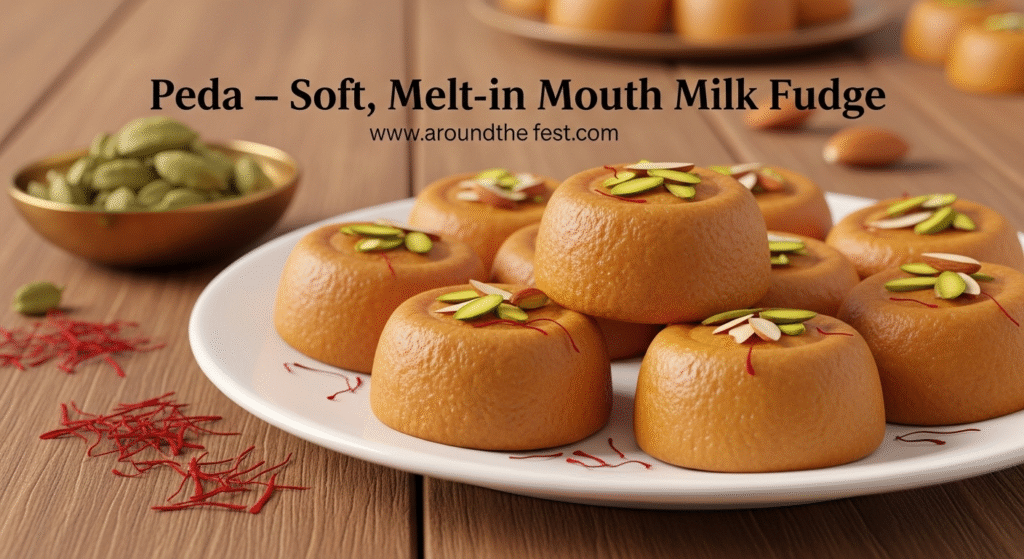 Golden saffron pedas garnished with pistachios and almonds, served on a white plate. Traditional Indian milk fudge made from khoya, sugar, and cardamom, perfect for Diwali and festive gifting."