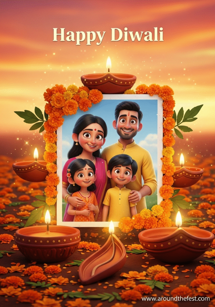  greeting card with family photo and festive diyas, perfect for sending heartfelt wishes digitally or physically.” 