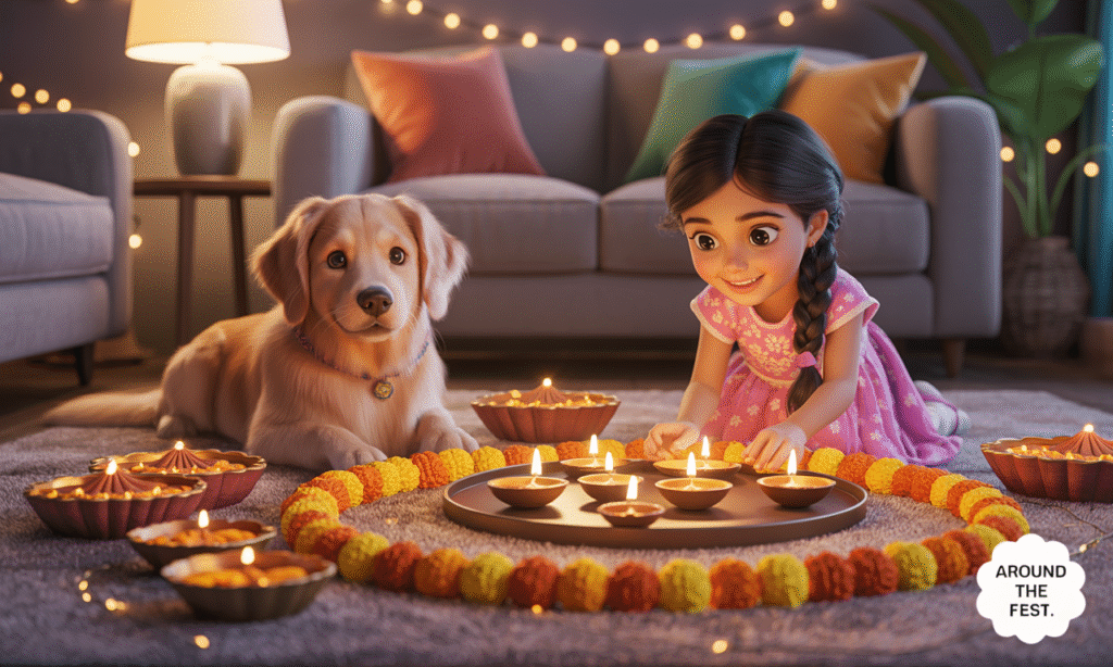"Eco-friendly and safe Diwali celebration setup with clay diyas, LED lights, low-noise crackers, sparklers, safely stored sweets, marigolds, and rangoli patterns."