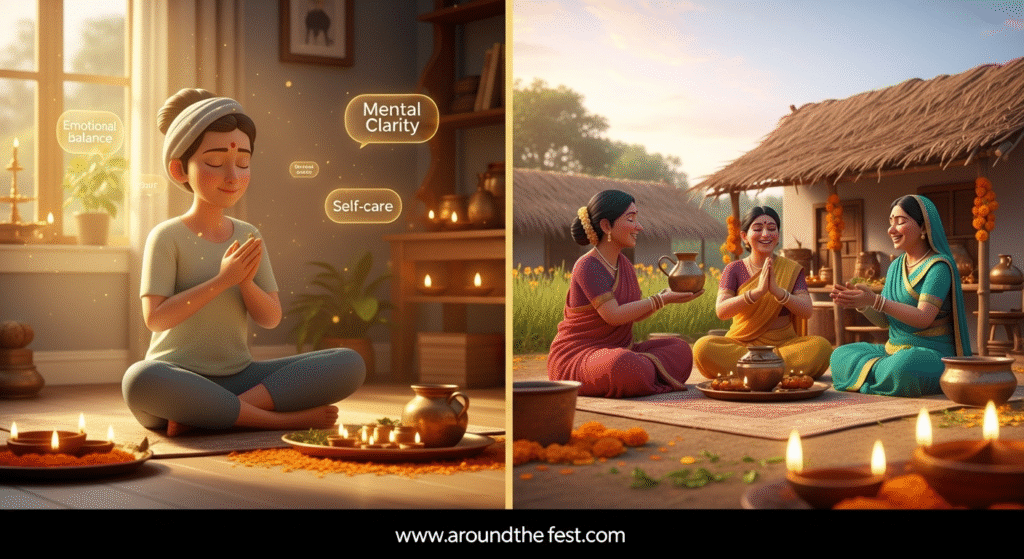 "Illustration of a person meditating during a Diwali oil bath with herbal oils and affirmations, alongside women in a village preparing and sharing oils together, symbolizing emotional wellness, mindfulness, and communal cultural bonding."